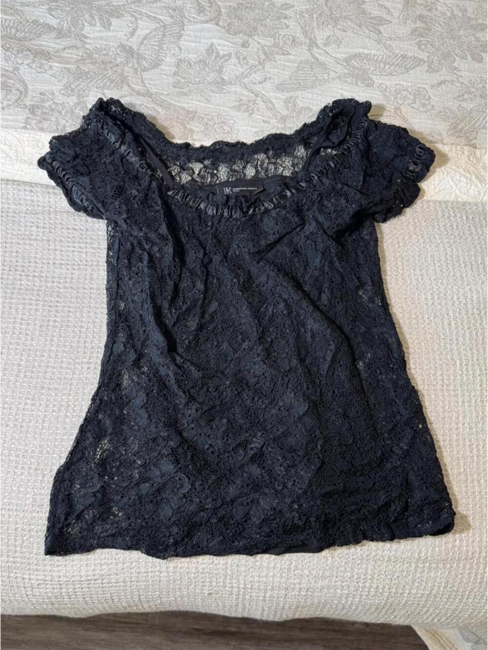 inc international concepts y2k black lace mesh blouse with ruffled sleeves.